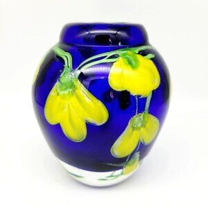 Cobalt Blue Hand Blown Heavy Art Glass Egg Vase Yellow Flowers 5.25" Home Decor